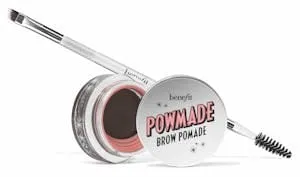 Benefit POWmade brow pomade pot with its angled brush and spoolie beside it