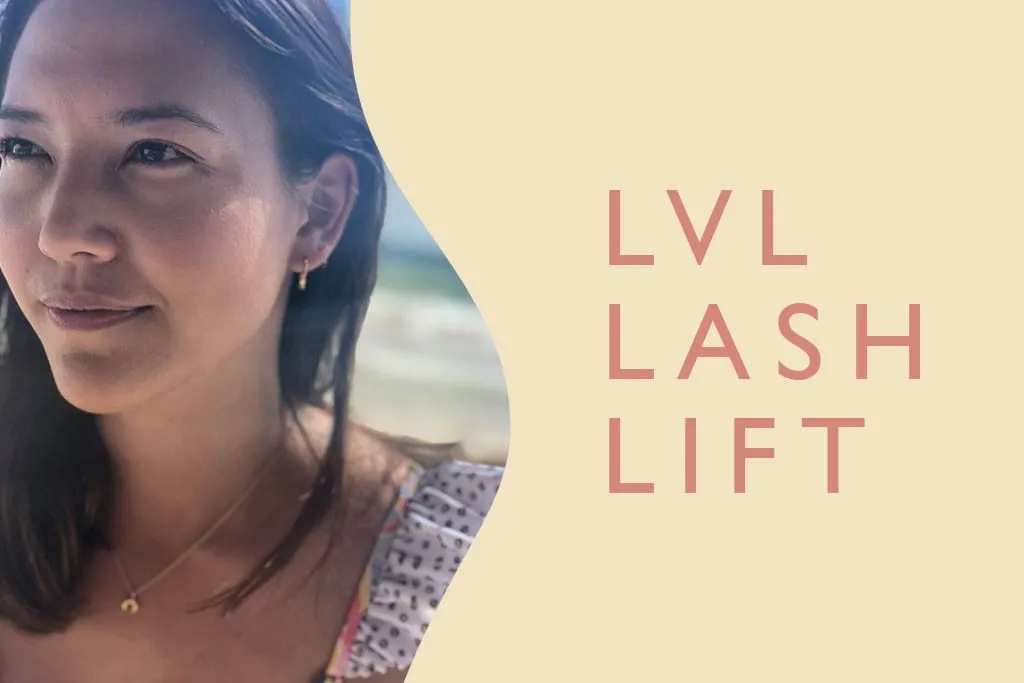 LVL Lash Lift title card beside a seaside portrait of a client with lifted lashes