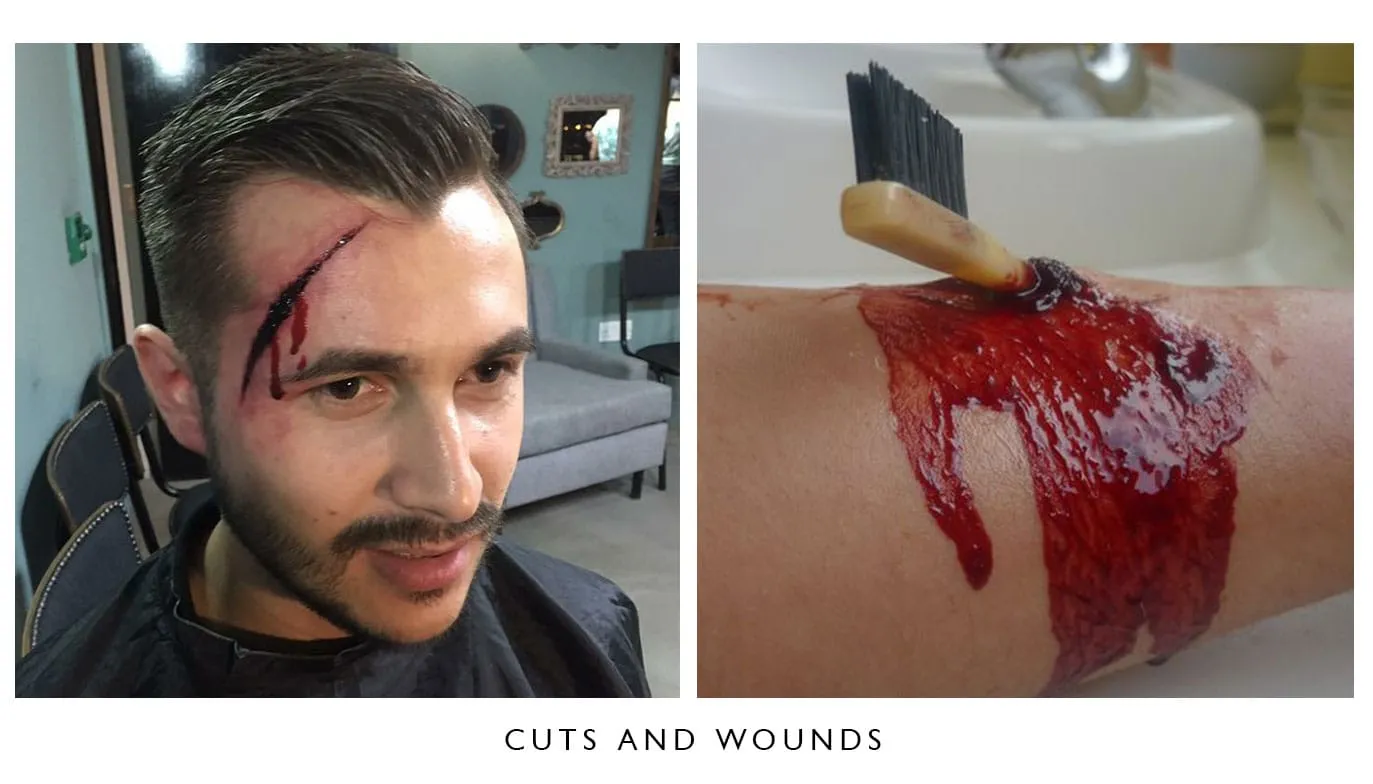 Special effects make-up: a fake gash across the forehead, and stage blood brushed onto an arm