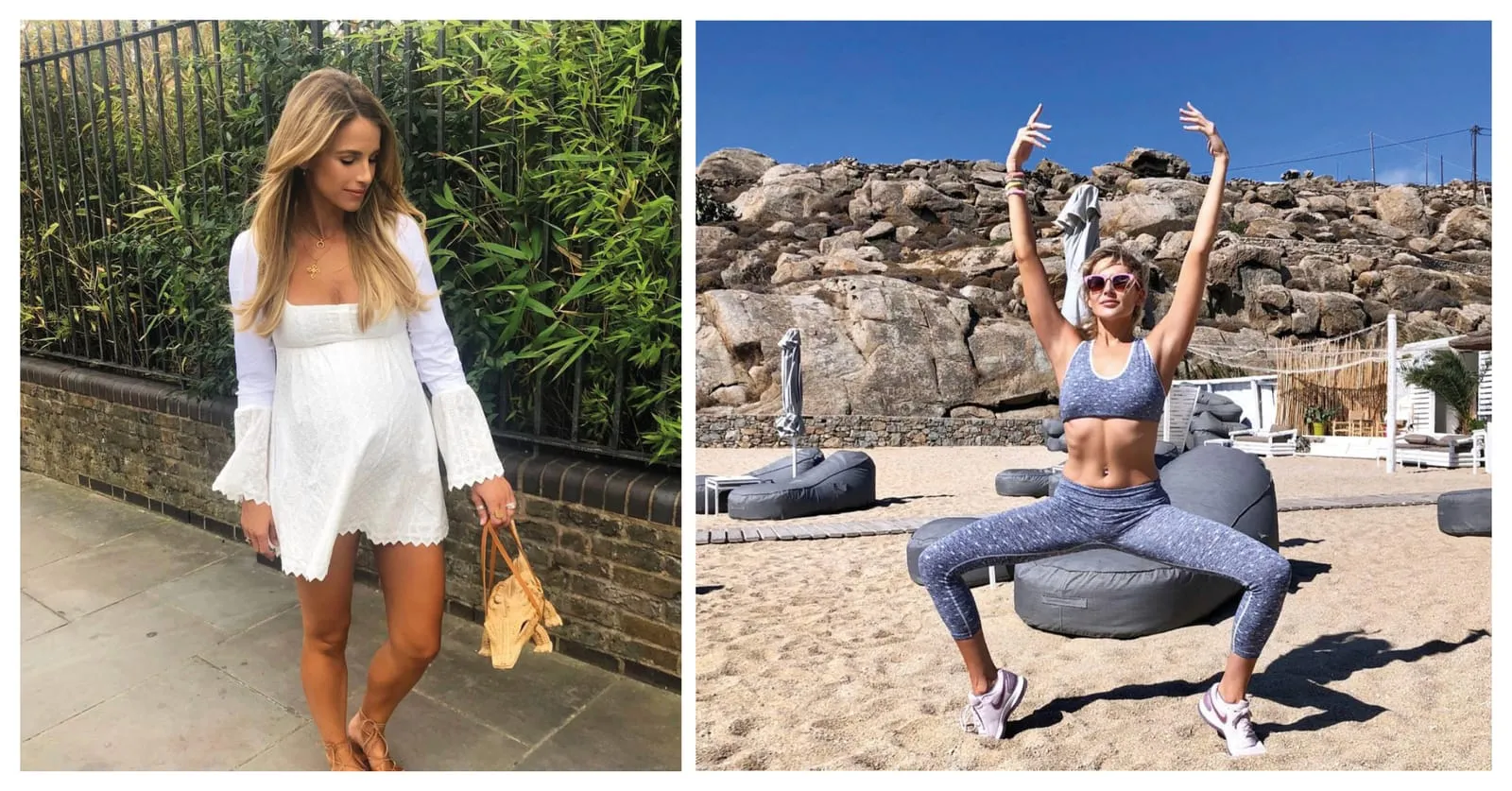 White broderie dress with a golden tan, beside a stretching pose in gym kit on a rocky beach