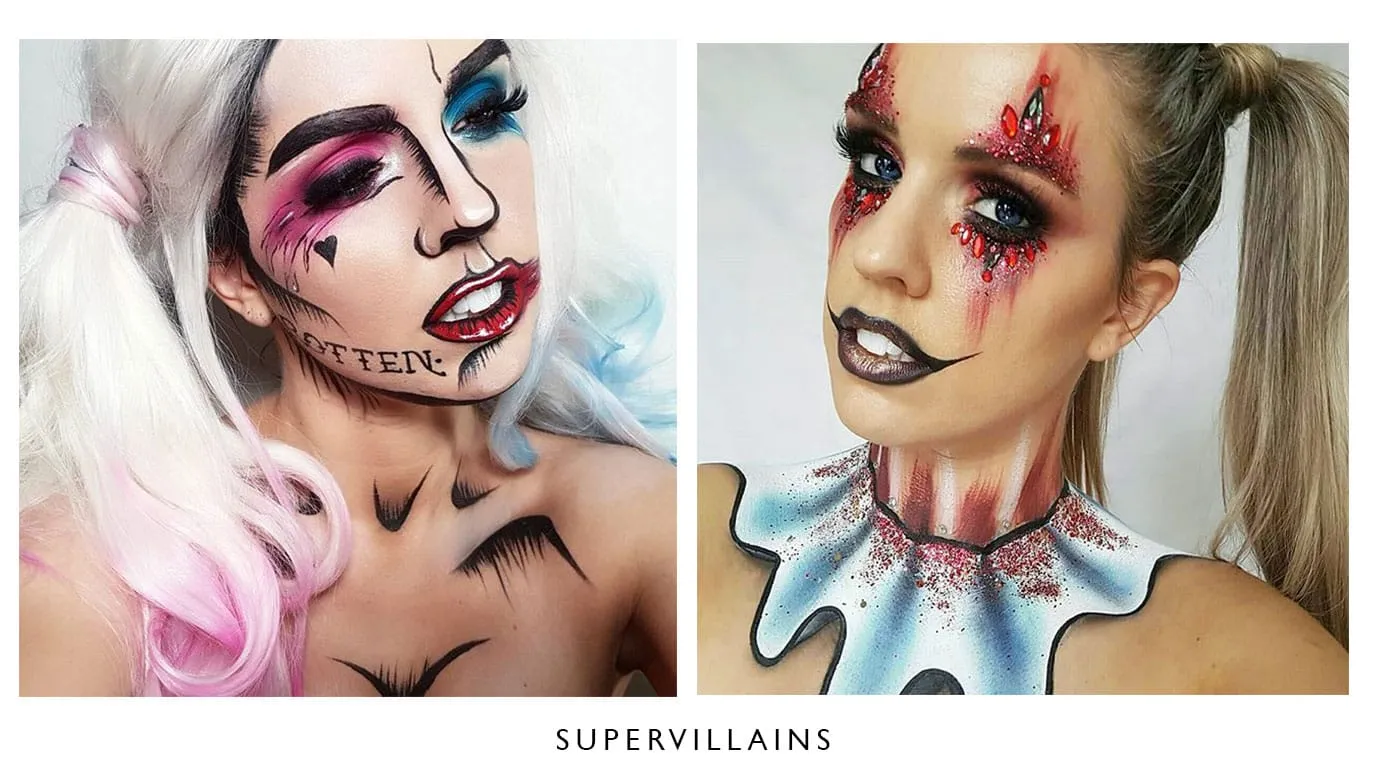 Comic-book supervillain face paint in pink and black, beside a jewelled evil clown look