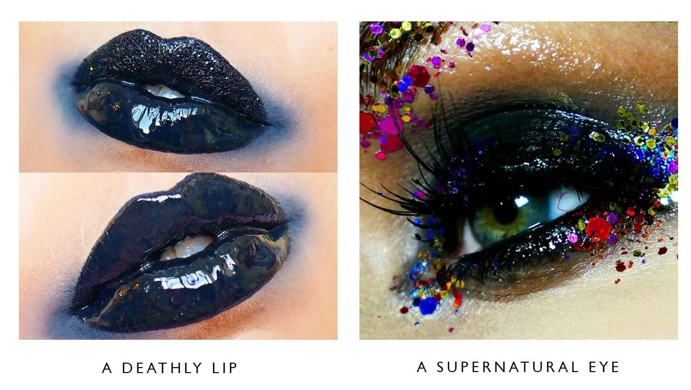 Glossy black Halloween lips beside an eye with black liner and multicoloured glitter flecks