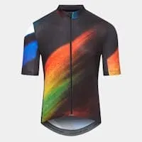 Short-sleeved cycling jersey in black with a rainbow brushstroke print across the chest