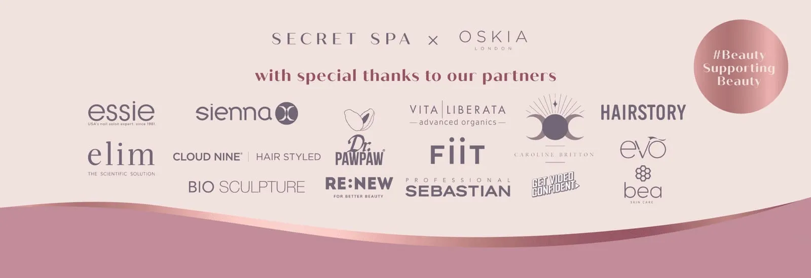 Secret Spa x OSKIA graphic thanking the events beauty brand partners, shown as a logo wall