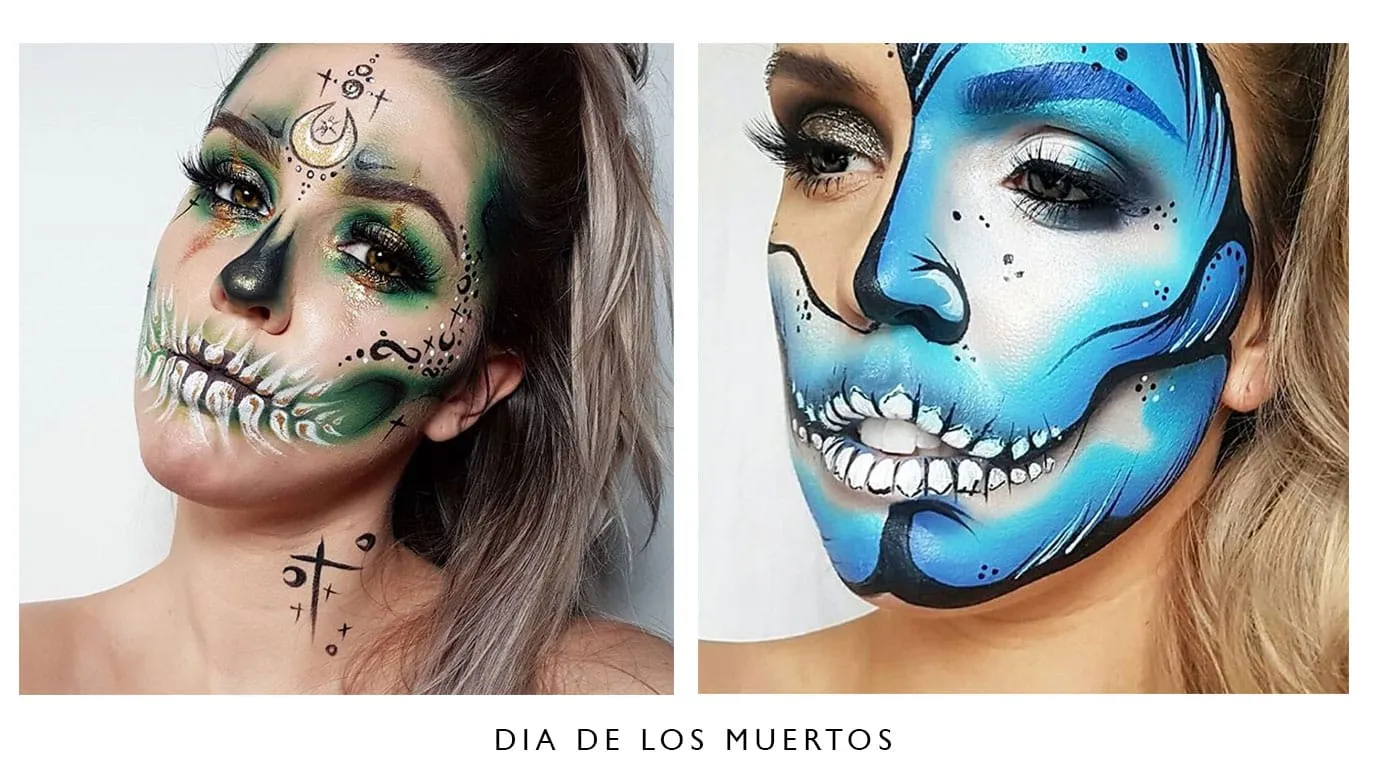 Day of the Dead face paint in green and blue, with painted skull teeth and detailed line work