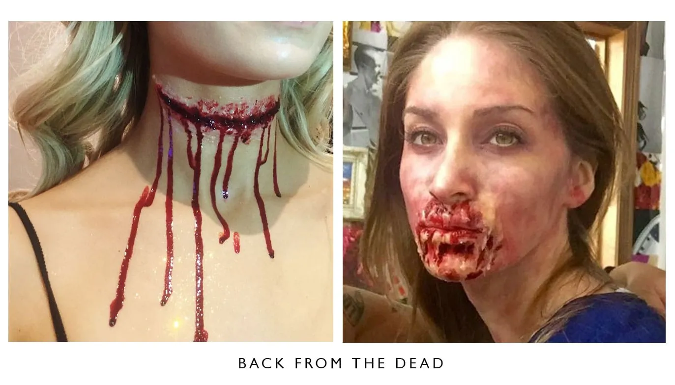 Special effects make-up: a slit throat with dripping fake blood, and a prosthetic zombie jaw wound