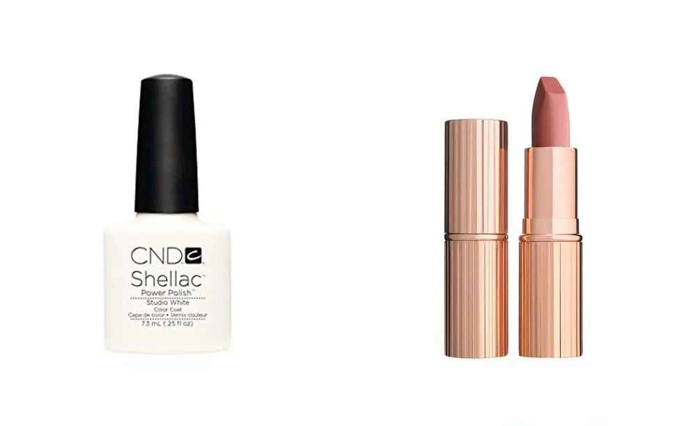 CND Shellac Studio White gel polish beside a nude pink lipstick in a rose gold case