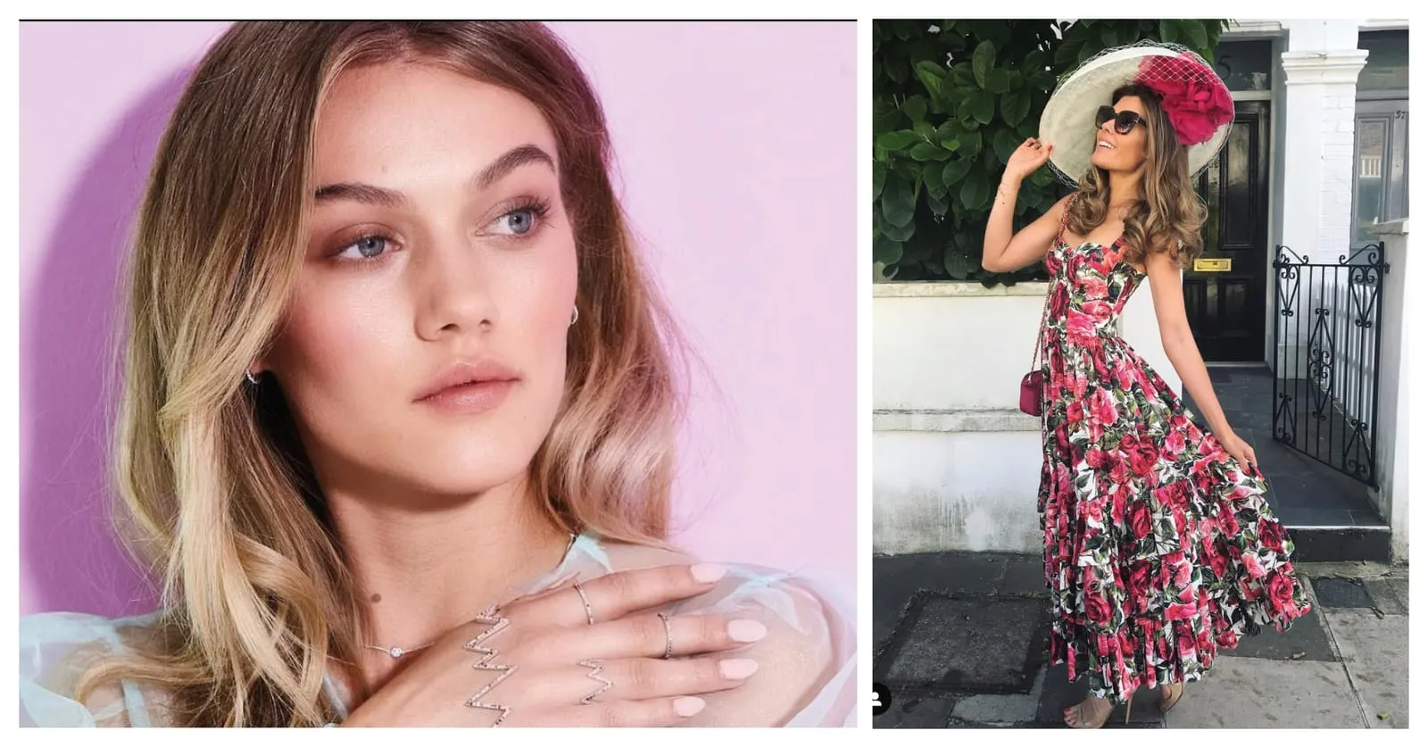 Dewy glowing make-up on a pink backdrop, and a rose print gown worn with a wide-brimmed hat