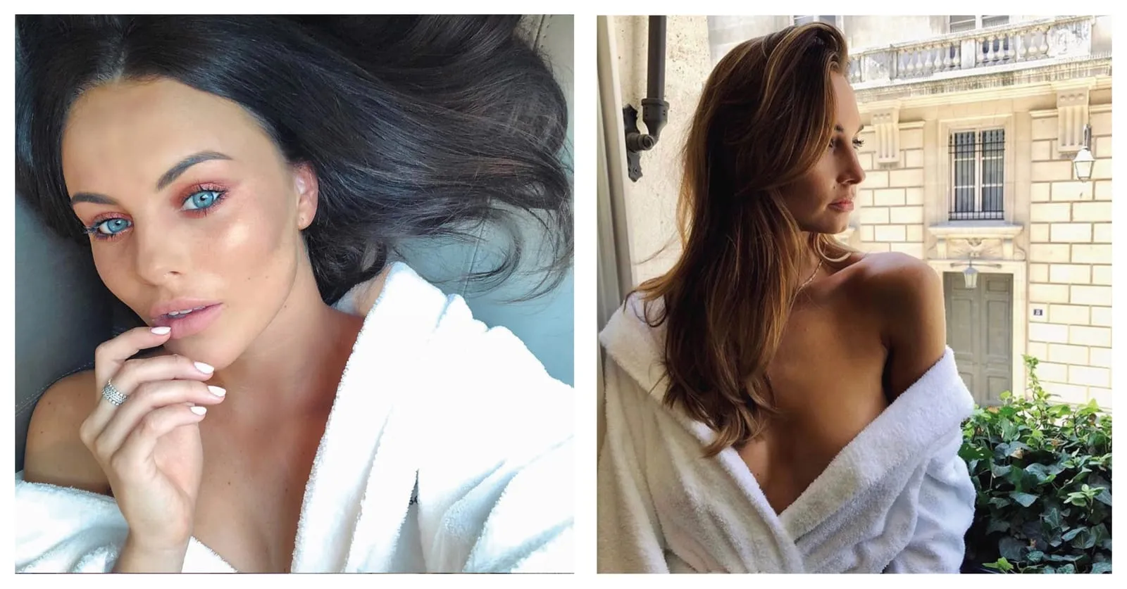 Fresh rosy make-up in a white robe, and sun-kissed shoulders in a robe at a Paris balcony window