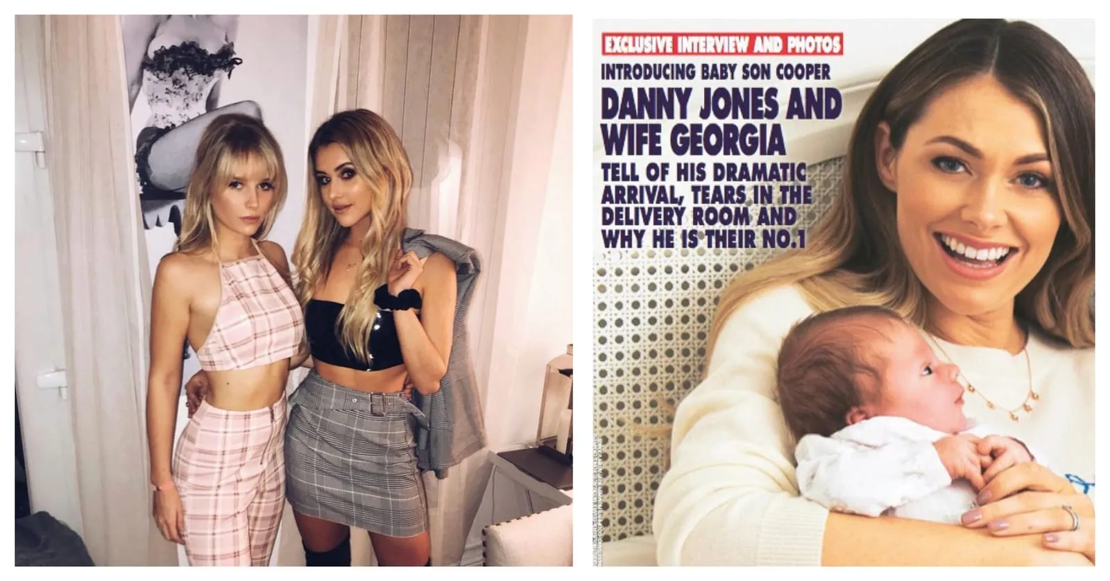 Two friends dressed for a night out, beside a Hello! magazine cover of a mother holding her newborn