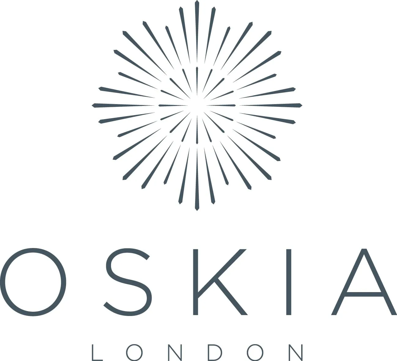 OSKIA London logo with its fine starburst emblem in slate blue