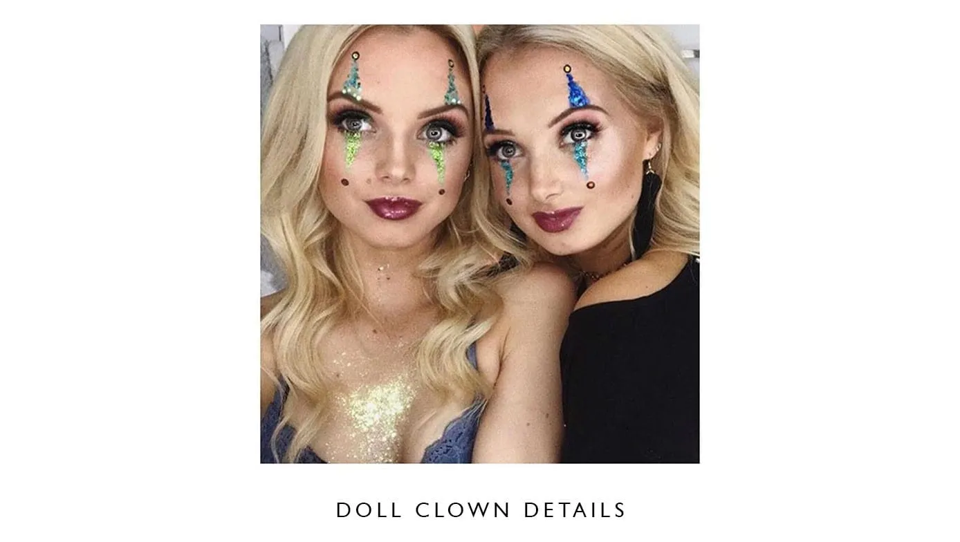 Two friends in matching doll clown make-up with glitter teardrops and jewelled brow detail