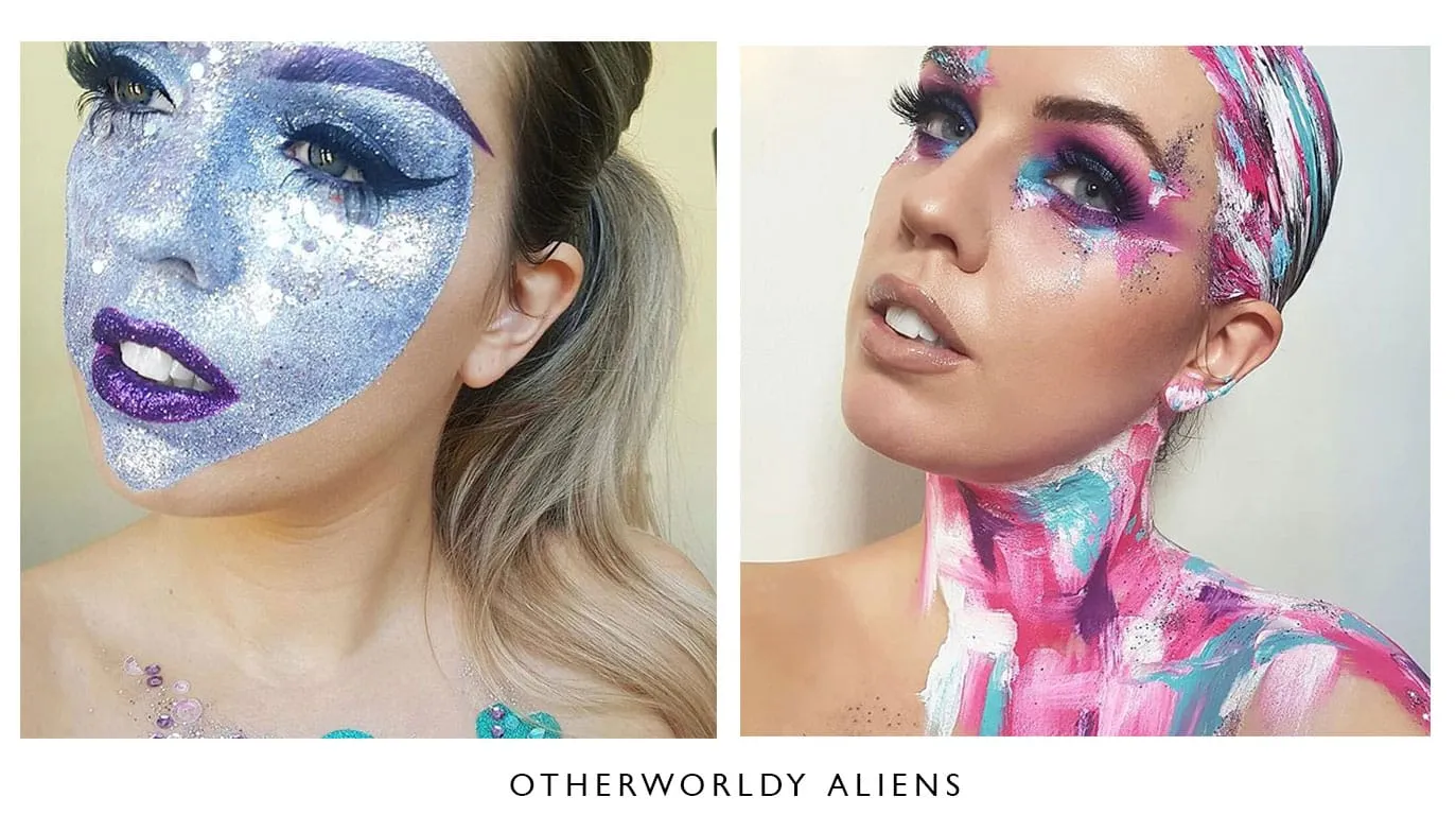 Alien face paint in silver glitter, beside pink and teal brushstroke body paint on the neck