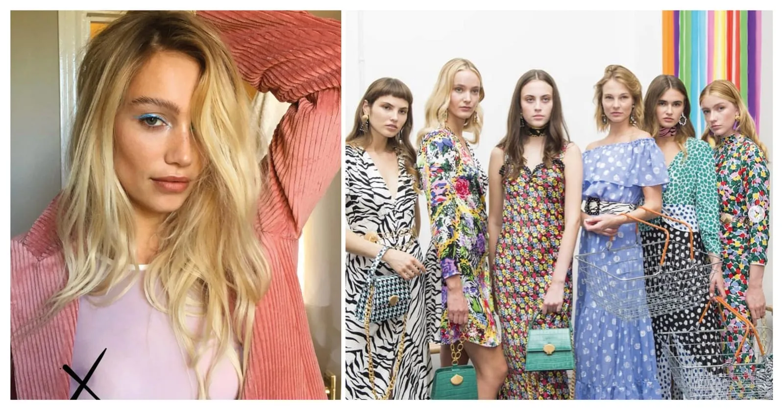 Blue graphic eyeliner with tousled blonde waves, beside six models in bold printed dresses