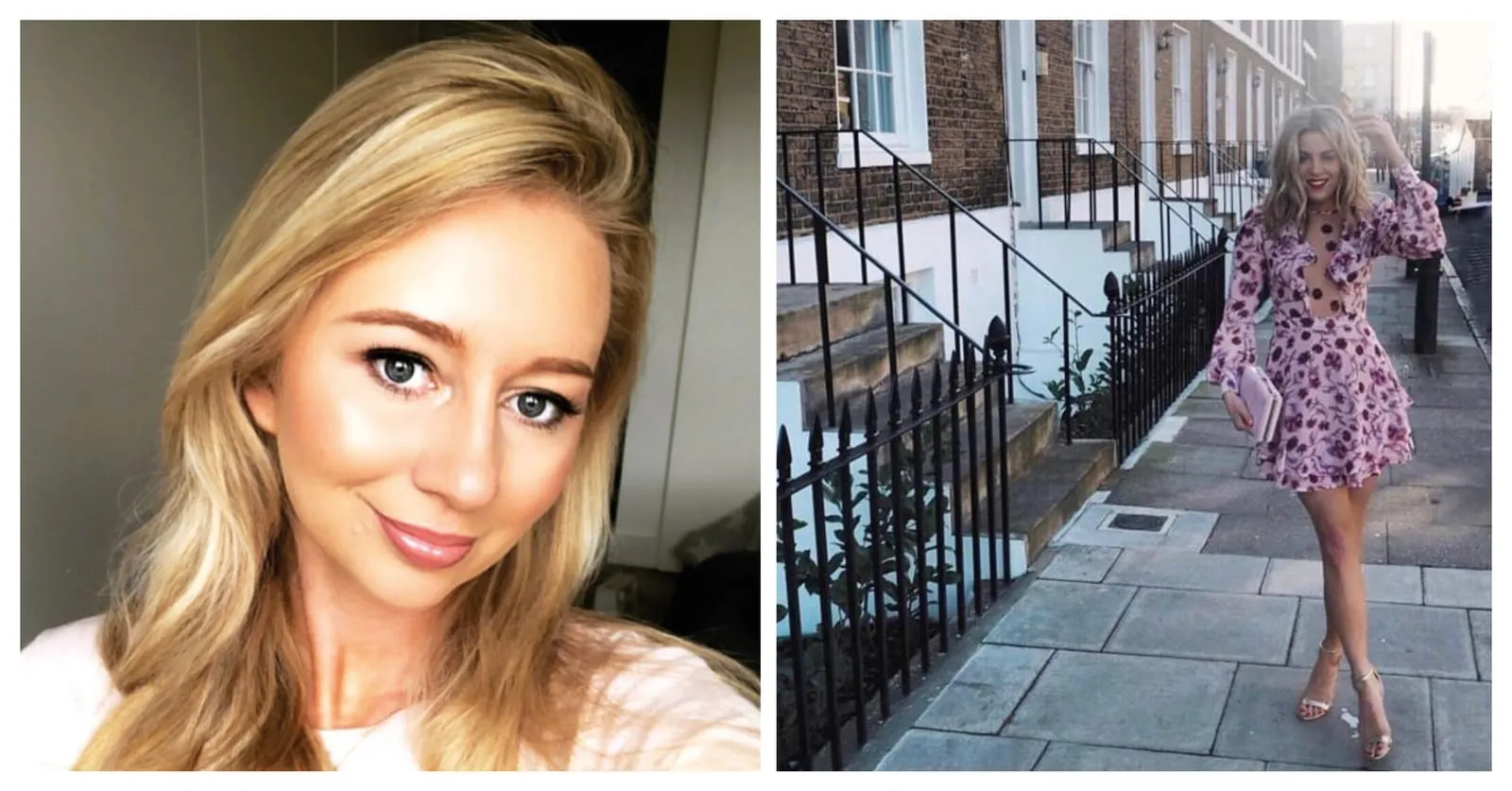 Glowing natural make-up selfie beside a floral mini dress and bouncy blow dry on a London street