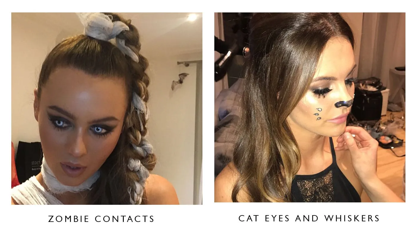 Zombie make-up with white contact lenses and bandages, beside a cat look with painted whiskers