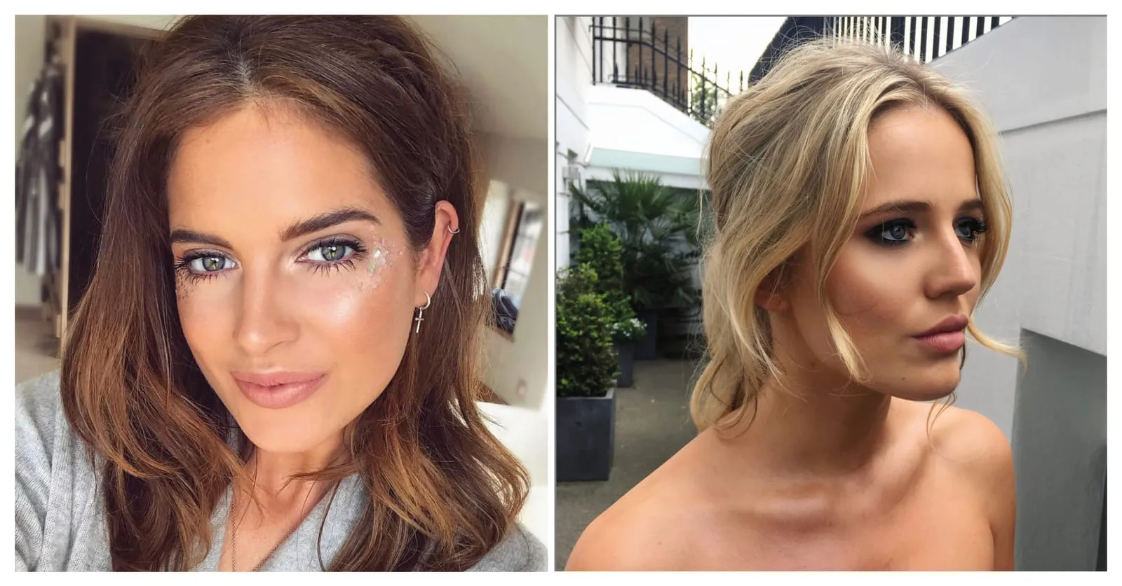 Glitter under-eye make-up selfie beside a tousled low updo with a smoky eye