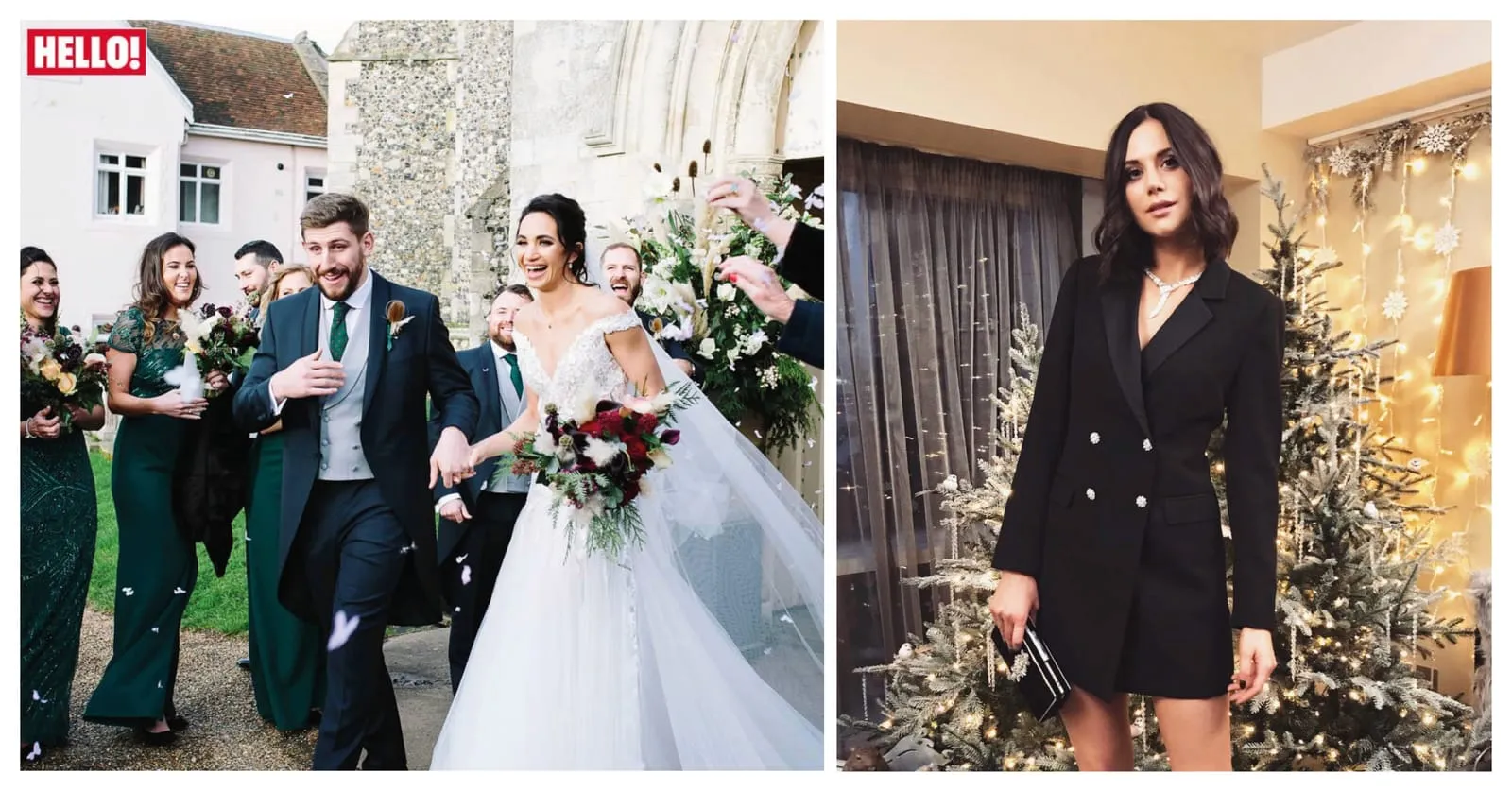 Hello! wedding shot of a bride and groom in confetti, beside a black tuxedo dress by a Christmas tree