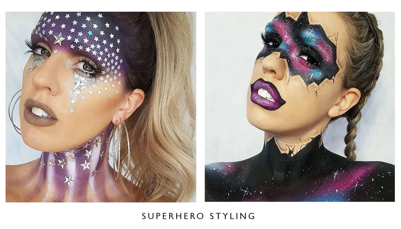 Galaxy face paint with silver stars across the forehead, and a purple and blue superhero mask