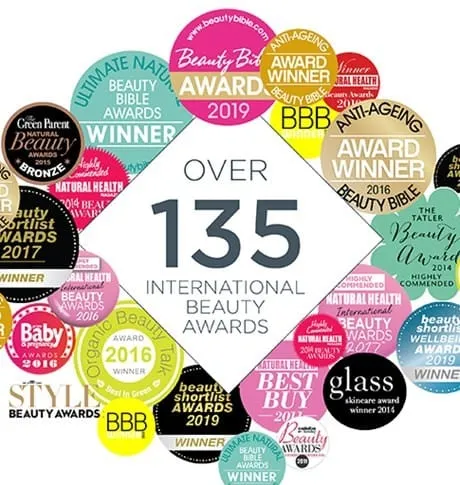 Collage of award seals marking over 135 international beauty awards won by OSKIA
