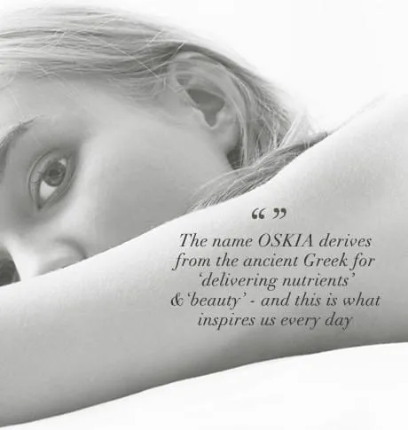 Black and white portrait with an OSKIA quote about the brand name meaning nutrients and beauty